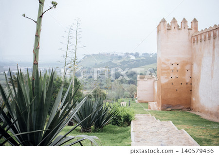 Scenic view of a historic fortress wall surrounded by lush greenery and desert plants, with rolling hills in the background, creating a tranquil atmosphere in nature Scenic view of a historic fortress wall surrounded by lush greenery and desert plants, with rolling hills in the background, creating a tranquil atmosphere in nature 140579436