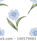 Seamless watercolor pattern of blue flower with green leaves, hand-drawn botanical illustration. Isolated on white background. For designing packaging, textiles, wedding invitations, flowers shops 140579483