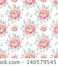 Seamless watercolor pattern with soft pink ranunculus flowers and sage eucalyptus leaves, white background. For wedding invitations and textile design, interior rustic decor and packaging. 140579545