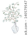 Elegant watercolor illustration of delicate eucalyptus branches in clear glass vase, soft sage green foliage, isolated on white background for rustic interior, wedding decor, print, home design. 140579547