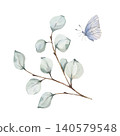 Delicate watercolor illustration of sage green eucalyptus branch with blue flying butterfly, isolated botanical art on white background. Composition for wedding designs, home and interior decor 140579548