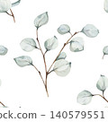 Watercolor seamless pattern with close-up of delicate eucalyptus branches with sage green leaves on white background. For fabric and textile design, wedding decor, home and interior, packaging 140579551