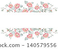 Horizontal watercolor frame with pink ranunculus flowers and eucalyptus leaves, borders with central copy space for wedding invitations, stationery, party, birthday card. Isolated on white background 140579556