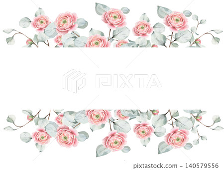 Horizontal watercolor frame with pink ranunculus flowers and eucalyptus leaves, borders with central copy space for wedding invitations, stationery, party, birthday card. Isolated on white background 140579556
