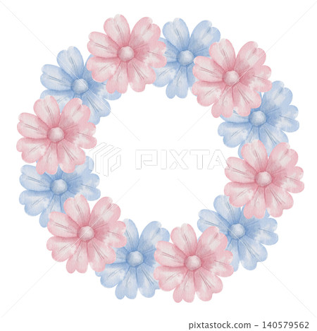 Delicate watercolor wreath with hand-drawn pink and blue daisy flowers in circular botanical frame for spring wedding invitations, greeting card design, baby shower. space for text, isolated on white Delicate watercolor wreath with hand-drawn pink and blue daisy flowers in circular botanical frame for spring wedding invitations, greeting card design, baby shower. space for text, isolated on white 140579562