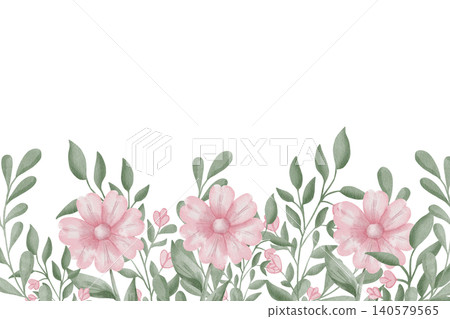 Seamless watercolor horizontal border with pink daisies flowers, cosmos and green leaves on white background. Floral vintage illustration for banners, postcards, wallpaper design, interior decor. Seamless watercolor horizontal border with pink daisies flowers, cosmos and green leaves on white background. Floral vintage illustration for banners, postcards, wallpaper design, interior decor. 140579565