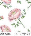 Seamless watercolor pattern with hand-drawn pink ranunculus flowers and green leaves on white background for elegant wedding textiles, invitations and spring botanical wallpaper designs 140579573