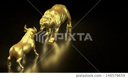 Golden Bear And Bull Market Showdown In Darkness 3d Render. Golden Bear And Bull Market Showdown In Darkness 3d Render. 140579659