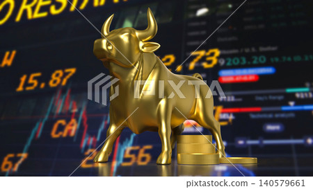 Golden Bull Market Rally With Coins And Trading Screen 3d render. Golden Bull Market Rally With Coins And Trading Screen 3d render. 140579661