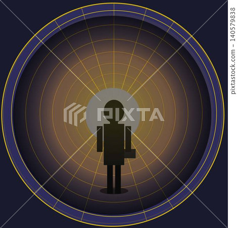 A stylized graphic illustration of a human-like silhouette with a halo against a radiating circular grid background, framed by a blue and gold circle. A stylized graphic illustration of a human-like silhouette with a halo against a radiating circular grid background, framed by a blue and gold circle. 140579838