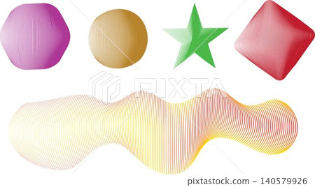 Collection of abstract 3D shapes including a hexagon, circle, star, rhombus, and a fluid gradient form. Collection of abstract 3D shapes including a hexagon, circle, star, rhombus, and a fluid gradient form. 140579926