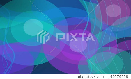 Abstract background with overlapping translucent circles and wavy lines in blue, teal, and purple hues, creating a modern and dynamic visual. 140579928