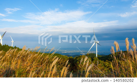 Pampas grass and wind turbines on the mountaintop; the coastline stretching out below and the autumn sky. Pampas grass and wind turbines on the mountaintop; the coastline stretching out below and the autumn sky. 140580202