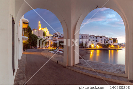 Dawn Waterfront View of Cadaques Bay and Historic Buildings Spain 140580298