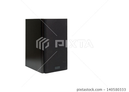 black audio speaker in wooden cabinet on isolated white background with protective fabric grill black audio speaker in wooden cabinet on isolated white background with protective fabric grill 140580333