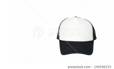 black and white mesh baseball trucker hat placed centrally and turned to the right side on white background black and white mesh baseball trucker hat placed centrally and turned to the right side on white background 140580335