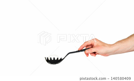 white chicken egg in a horizontal black spoon on a white background 140580409