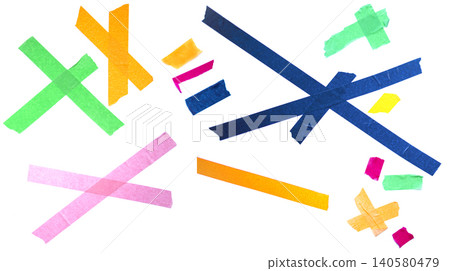 Colorful strips of masking tape in various shapes and sizes scattered on a white background, showcasing vibrant hues of pink, green, blue, yellow, and orange 140580479