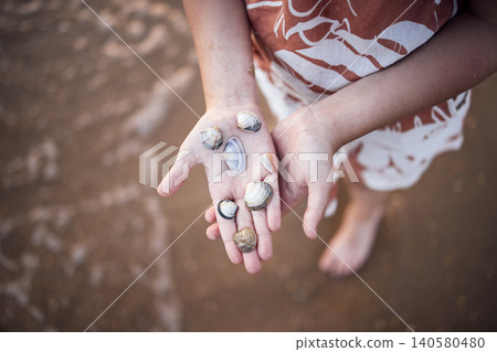 Child holding various seashells in hands while standing on sandy beach, gentle waves lapping at the shore in the background during a sunny day 140580480