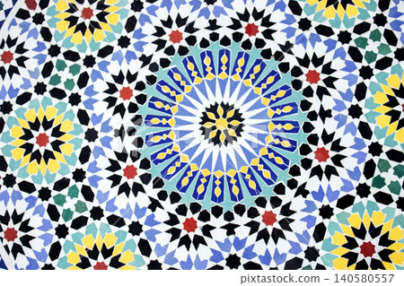 Colorful geometric mosaic pattern featuring intricate designs in blue, yellow, green, and red, creating a vibrant visual display with cultural significance and artistic expression Colorful geometric mosaic pattern featuring intricate designs in blue, yellow, green, and red, creating a vibrant visual display with cultural significance and artistic expression 140580557