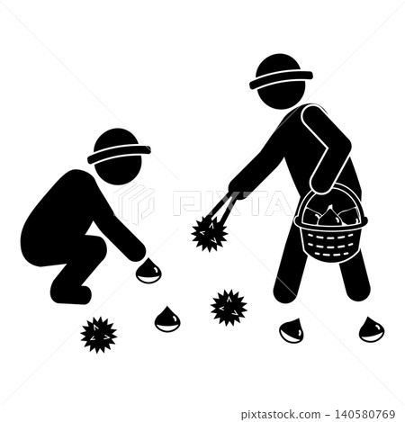 Silhouettes of two people picking chestnuts 140580769