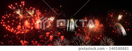 Banner Red Firework celebrate anniversary happy new year 2024 4th of july holiday festival. Banner red firework night time celebrate national holiday. Countdown new year 2025 festival with copy space Banner Red Firework celebrate anniversary happy new year 2024 4th of july holiday festival. Banner red firework night time celebrate national holiday. Countdown new year 2025 festival with copy space 140580881