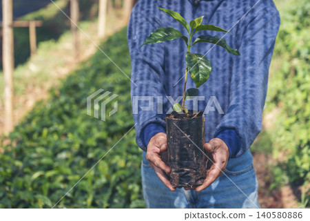 Smart farmer checking plant in eco green farm sustainable quality control. Close up Hand check quality control plant tree. Farmer cultivated planting in eco Farmland biotechnology. Green agriculture Smart farmer checking plant in eco green farm sustainable quality control. Close up Hand check quality control plant tree. Farmer cultivated planting in eco Farmland biotechnology. Green agriculture 140580886