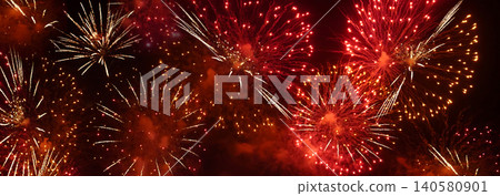 Banner Red Firework celebrate anniversary happy new year 2024 4th of july holiday festival. Banner red firework night time celebrate national holiday. Countdown new year 2025 festival with copy space 140580901