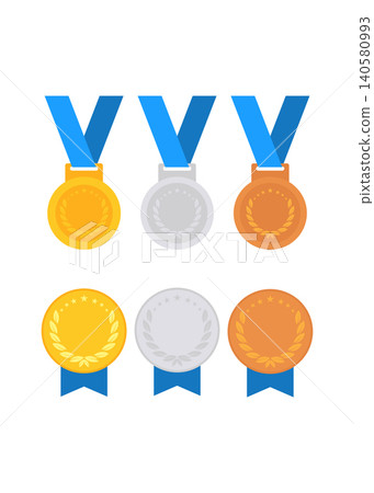 Set of Gold Silver and Bronze Medals with Blue Ribbons and Laurel Wreath Set of Gold Silver and Bronze Medals with Blue Ribbons and Laurel Wreath 140580993