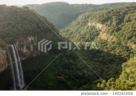 wonderful Caracol waterfall in Canela, Rio Grande do Sul, Brazil, at sunset. panoramic 140581008