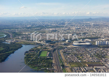 Aerial view of the city of Porto Alegre, RS, Brazil, and Gremio club football arena 140581011