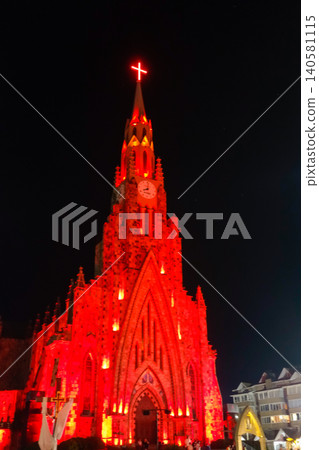 Our Lady of Lourdes Parish church in Canela, RS, Brazil, lit at night Our Lady of Lourdes Parish church in Canela, RS, Brazil, lit at night 140581115