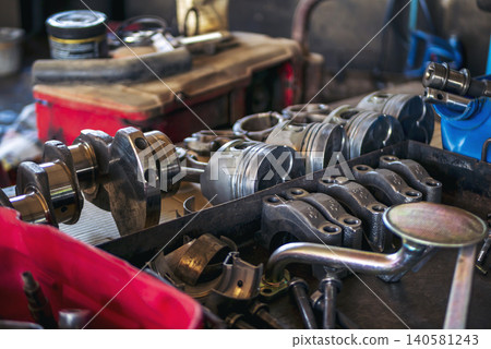 Mechanic tools engineering equipment car auto repair shop with copy space. Blurred background mechanical service. Heavy screw grungy rusted wrenches dirty screwdriver object. Industrial hardware set 140581243