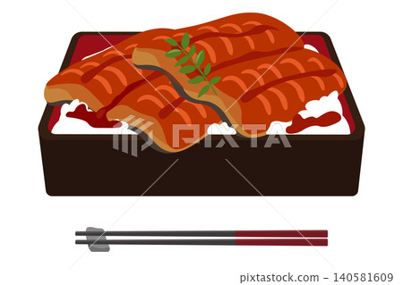 一幅描繪鰻魚飯(unaju)的大量插圖。 一幅描繪鰻魚飯(unaju)的大量插圖。 140581609