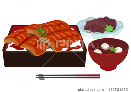 一份套餐的插圖，包括鰻魚飯、湯和土代麻糬。 140581613