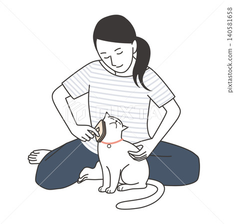 一位女士溫柔地給她的寵物貓梳毛的向量插圖。 一位女士溫柔地給她的寵物貓梳毛的向量插圖。 140581658