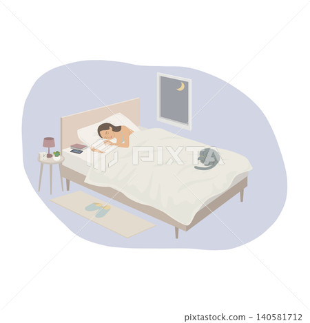 Vector illustration of a cat sleeping next to a woman sleeping comfortably in a bed. Vector illustration of a cat sleeping next to a woman sleeping comfortably in a bed. 140581712