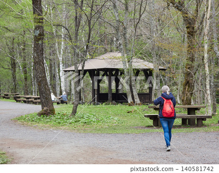 Tourists strolling along the walking trails in the lush green forests of Kamikochi, a popular spring tourist spot. Tourists strolling along the walking trails in the lush green forests of Kamikochi, a popular spring tourist spot. 140581742
