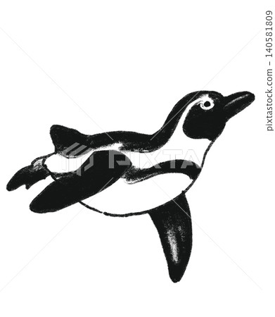 一幅手繪風格的插圖，描繪了一隻正在游泳的南非企鵝。 140581809