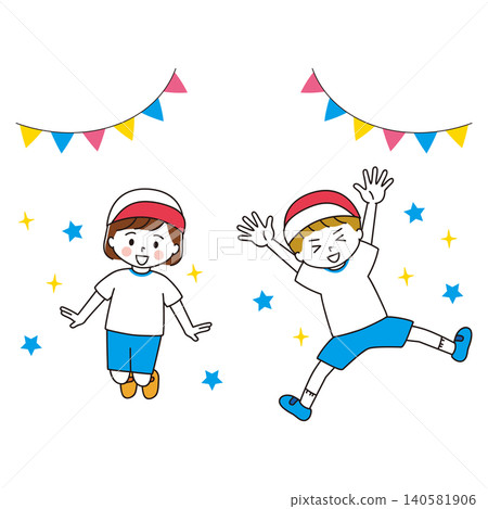 An illustration of a girl and a boy in gym clothes jumping energetically. 140581906