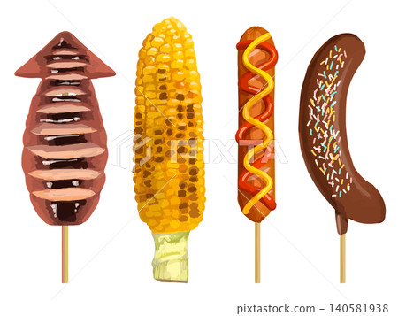 Food stalls selling grilled squid, grilled corn, frankfurters, and chocolate-covered bananas. Food stalls selling grilled squid, grilled corn, frankfurters, and chocolate-covered bananas. 140581938