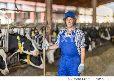 Portrait of male farm employee in blue jumpsuit 140582048