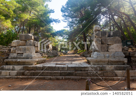 Ruins of Hadrians Gate near the south harbour built in 131 AD, Phaselis. Turkey 140582051