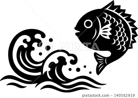 A simple paper-cut style illustration of waves and a sea bream. A simple paper-cut style illustration of waves and a sea bream. 140582919