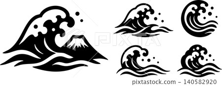 一套日式剪紙風格的波浪插圖。 一套日式剪紙風格的波浪插圖。 140582920