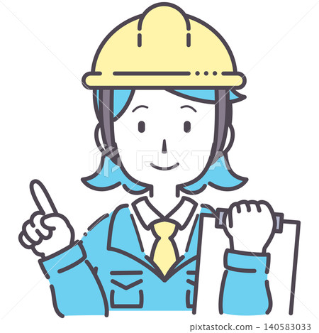 Simple illustration of a woman in work clothes pointing with a document in one hand. Simple illustration of a woman in work clothes pointing with a document in one hand. 140583033