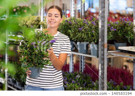 Young woman holding pot of campanula addenda Young woman holding pot of campanula addenda 140583194