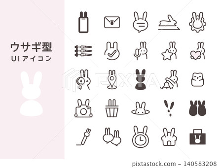 Rabbit-shaped UI icons, set of 25 (line art/vector). 140583208