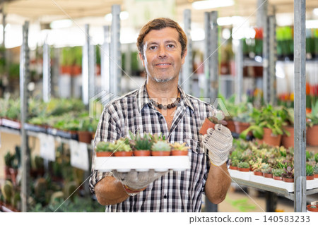Adult male salesman holding pots of succulents Adult male salesman holding pots of succulents 140583233
