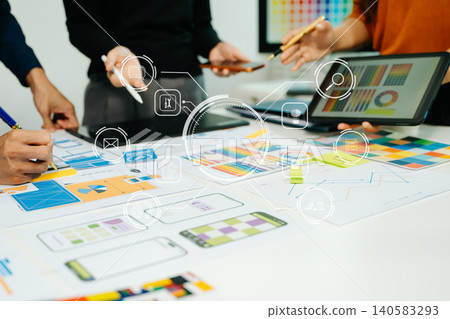 UX graphic designer planning application process development prototype wireframe for web smart phone. Creative digital development agency. 140583293